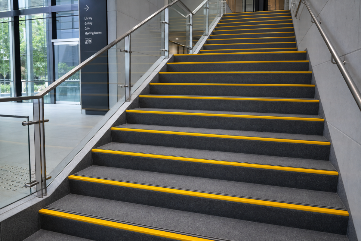 Interior staircase with dark grey steps fitted with yellow anti-slip nosing strips, glass balustrades and stainless steel handrails