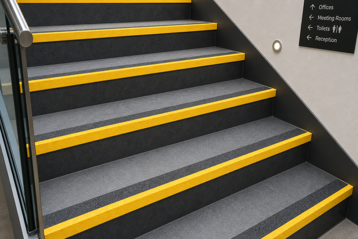 Office staircase with grey steps fitted with yellow anti-slip nosings, and a directional sign for offices, meeting rooms, toilets, and reception